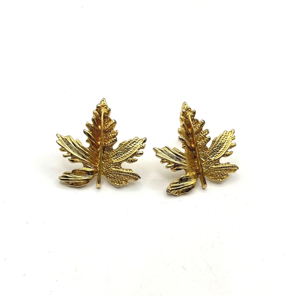 Gold Tone Maple Leaf Stud Earrings Textured Botanical Nature Inspired Post
